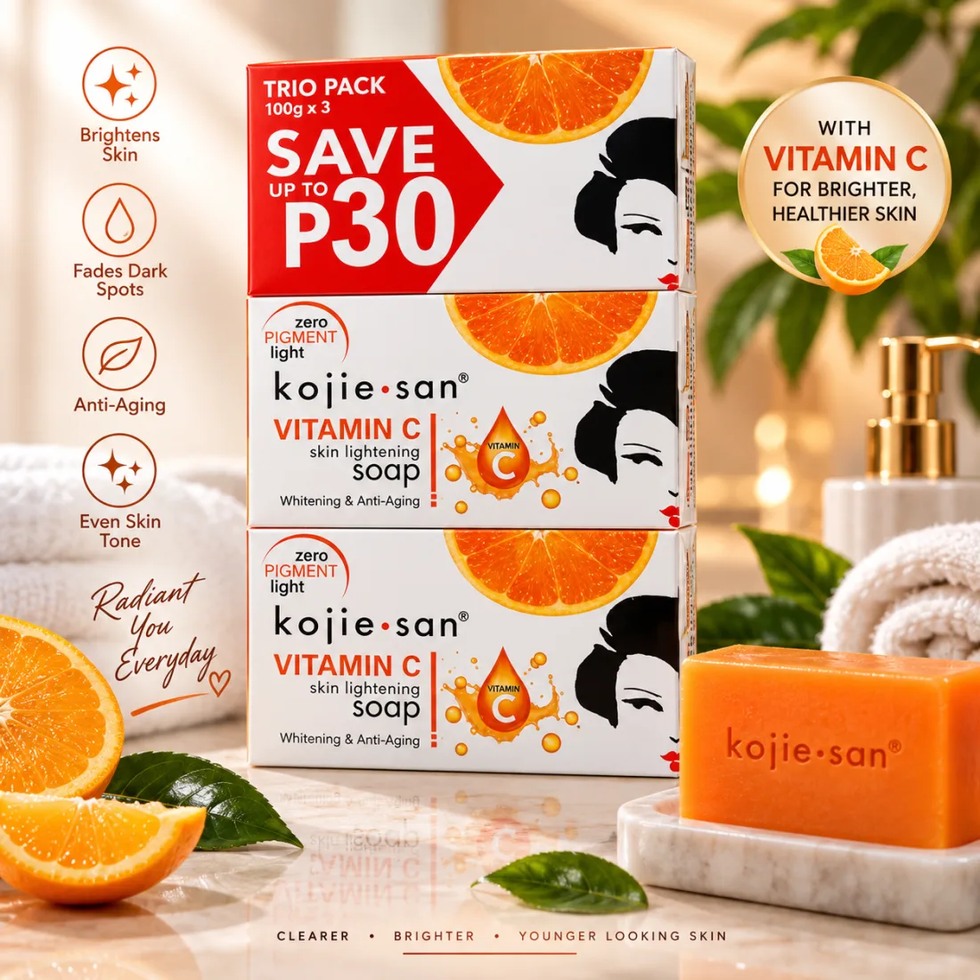 Kojie San Vitamin C Skin Lightening Soap Trio Pack 100 g x 3